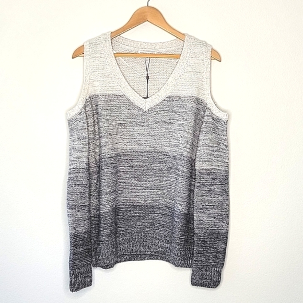 REBECCA MINKOFF Cold Shoulder Gray Ombre Color Block V-neck Knit Sweater size L